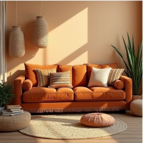 Terracotta Corduroy Loveseat with Fringe Terracotta Corduroy Loveseat with Fringe