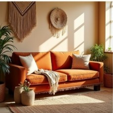 Terracotta Corduroy Loveseat with Fringe