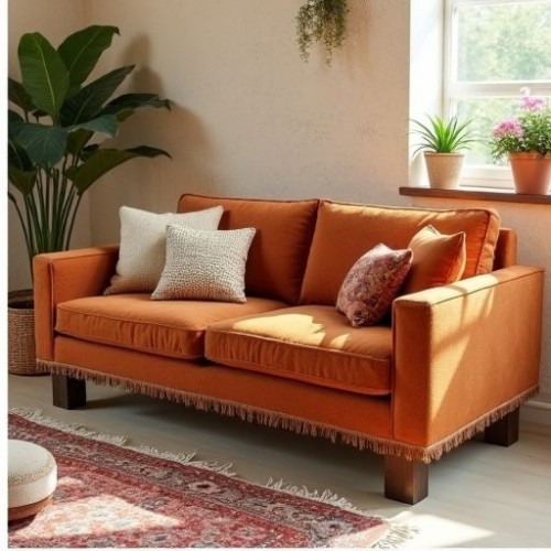 Terracotta Corduroy Loveseat with Fringe Terracotta Corduroy Loveseat with Fringe