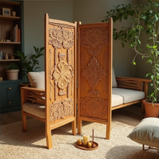 Boho Chic Hand-Carved Wooden Folding Screen